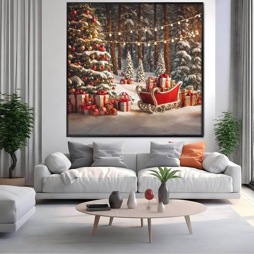 Tablou canvas cu tablou canvas cu peisaj de iarna, in rama de aluminiu negru, pe perete intr-un living